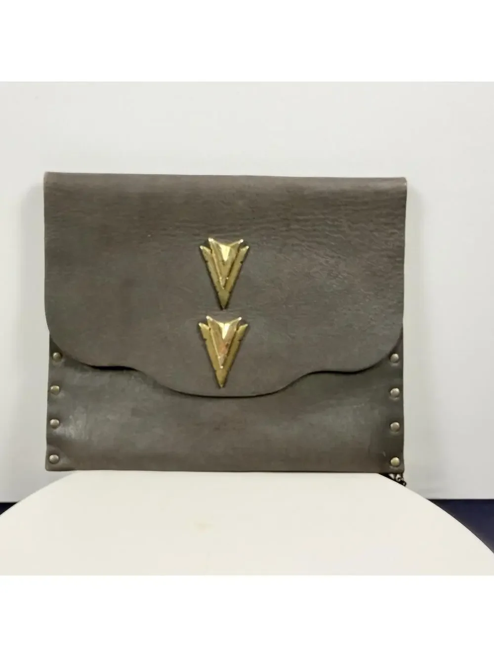 Vintage‎ Gray Leather Studded Clutch with Gold Chevron Accents
